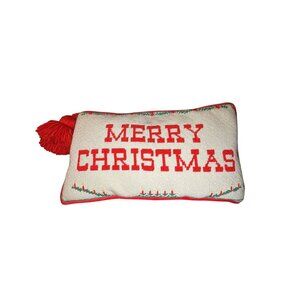 Handmade Vintage Merry Christmas Needlepoint Pillow Tassel Bell 18" x 10"
